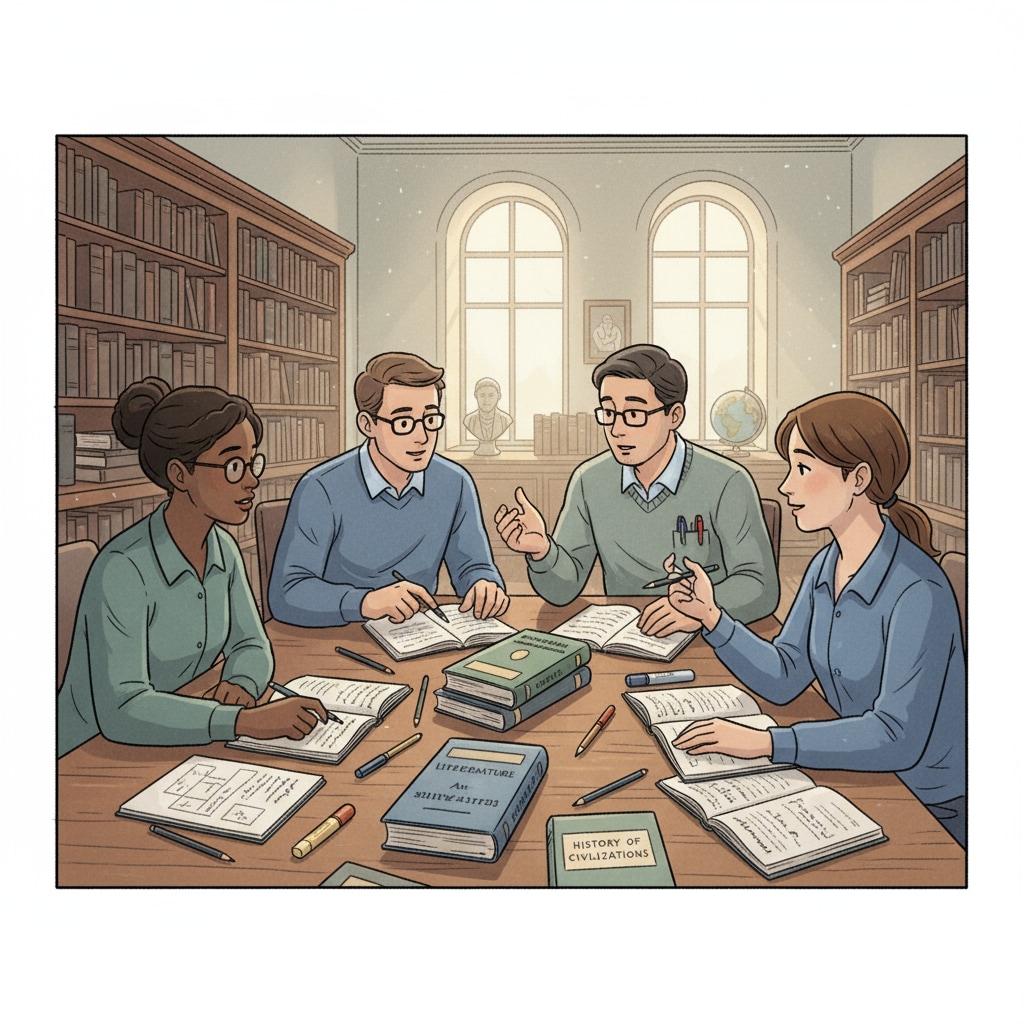 Full-time engineers engaged in part-time liberal arts learning in a library