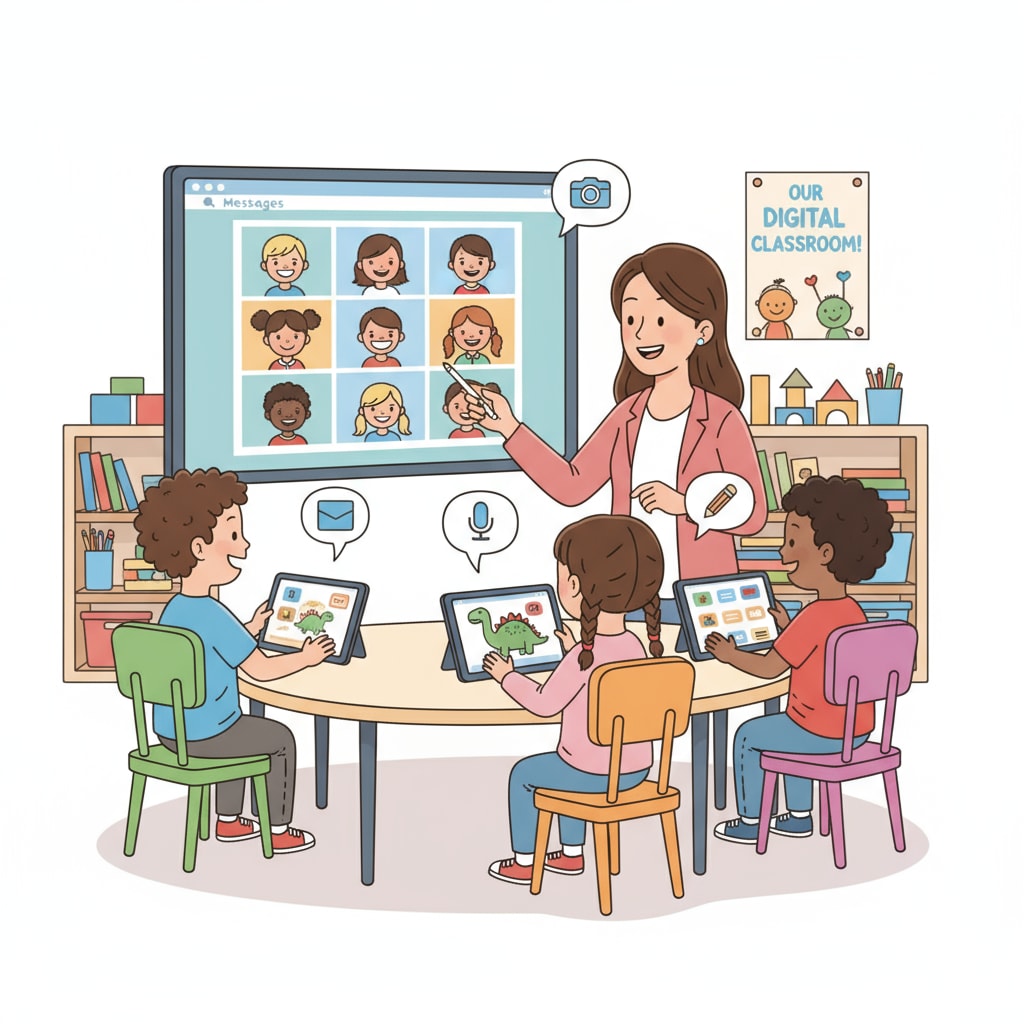 Preschoolers and teacher using home-school communication platforms Peachjar and Securely