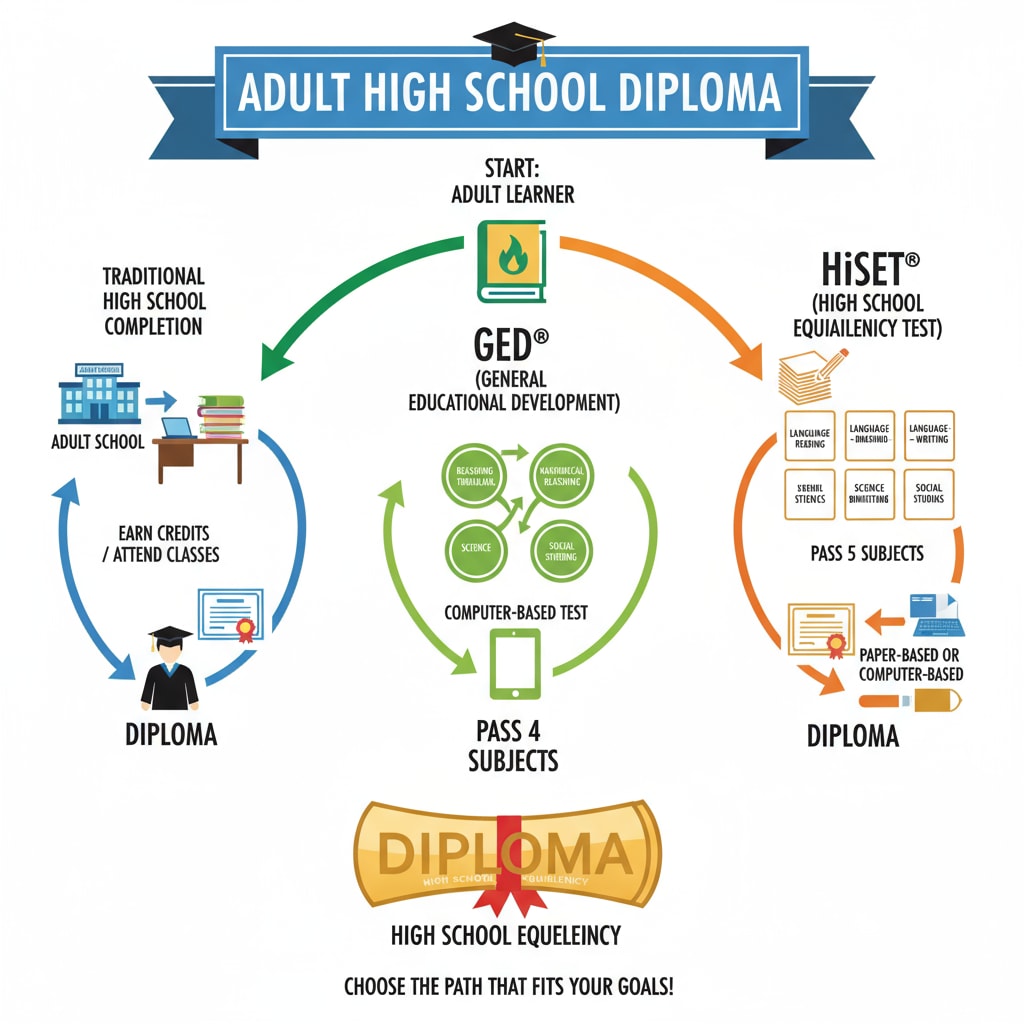 An illustration depicting various educational paths for adults to attain high school diplomas, including traditional, GED, and HiSet routes. Educational paths for adults to get high school diplomas including GED, HiSet, and traditional routes