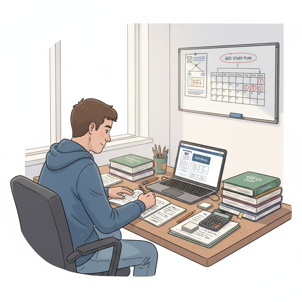 A person sitting at a desk, surrounded by study materials, preparing for the GED exam. A person studying for the GED exam as part of adult education for a high school diploma