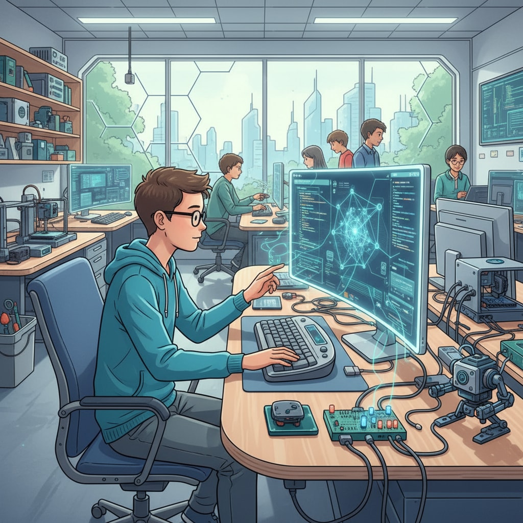 A student working on a computer science project in an alternative education environment