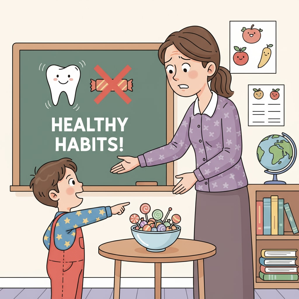 A teacher's frustrated expression while dealing with a child's candy request in the context of school relationships, kinship disputes, and workplace woes