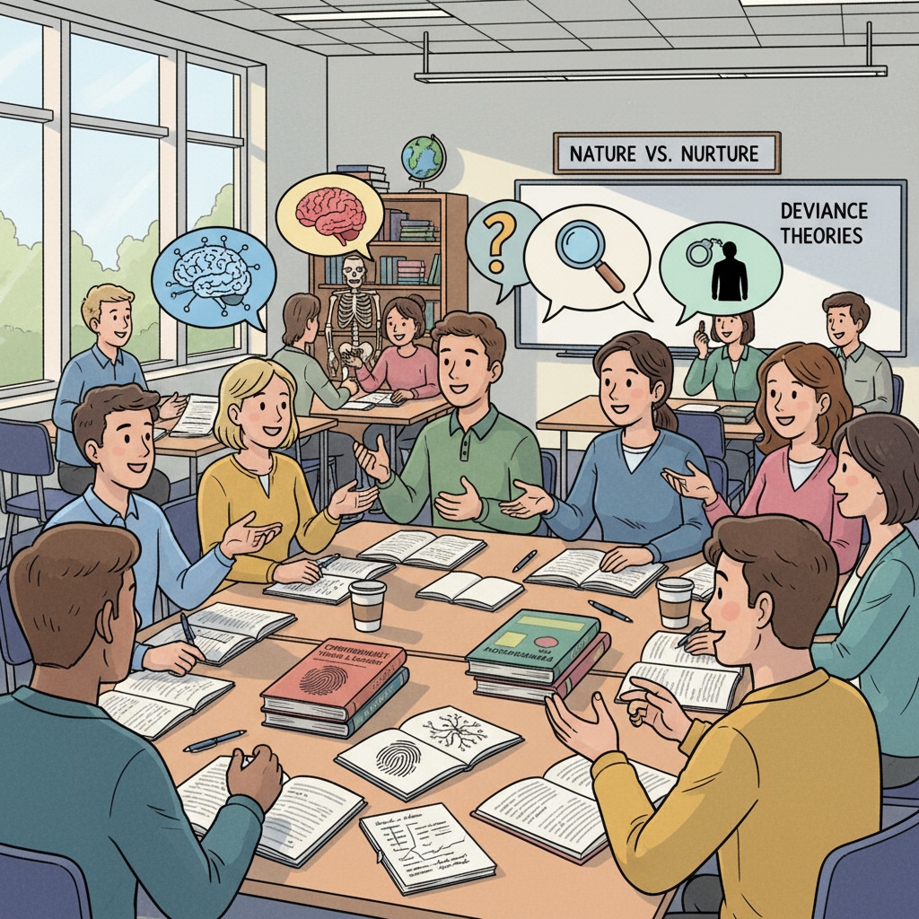 Students discussing psychology and criminology in a classroom