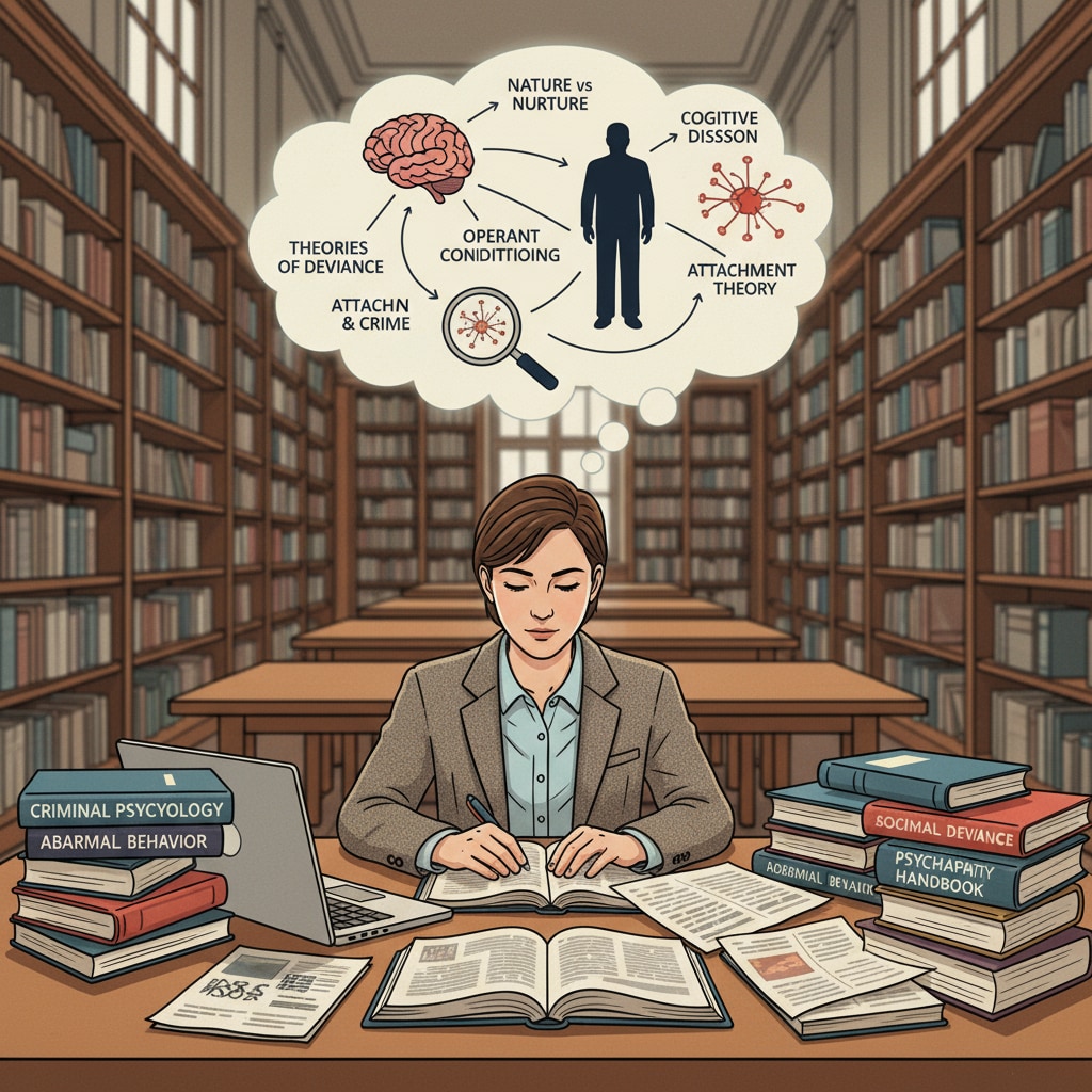 Student researching criminal behavior using psychological theories in a library