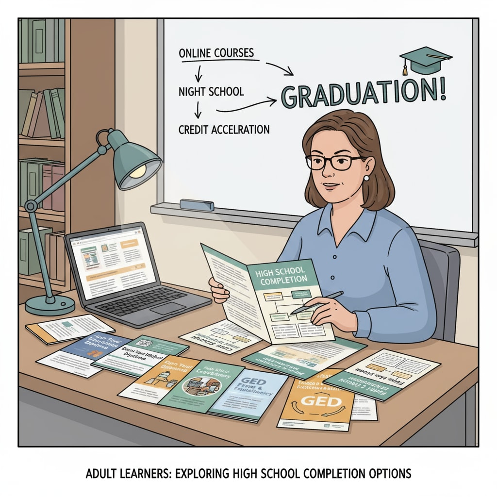 An illustration shows a 22-year-old adult sitting at a desk, looking at different educational brochures about high school completion. This represents the exploration of options by adult learners to earn high school credits and graduate. A 22-year-old exploring high school completion educational options