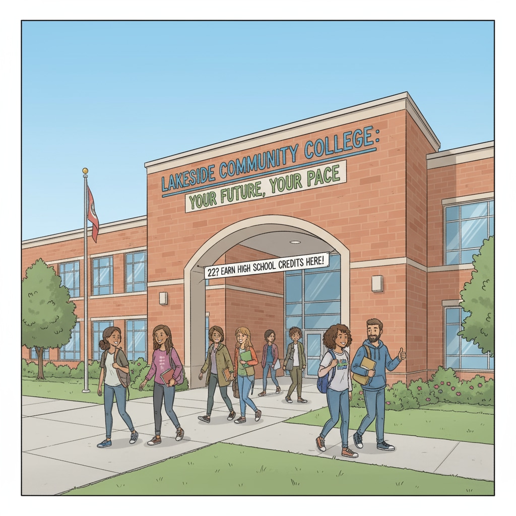 An exterior view of a community college building with students walking in and out. This showcases the learning environment of community colleges which are an option for 22-year-olds to earn high school credits. Community college building as an option for 22-year-olds to earn high school credits