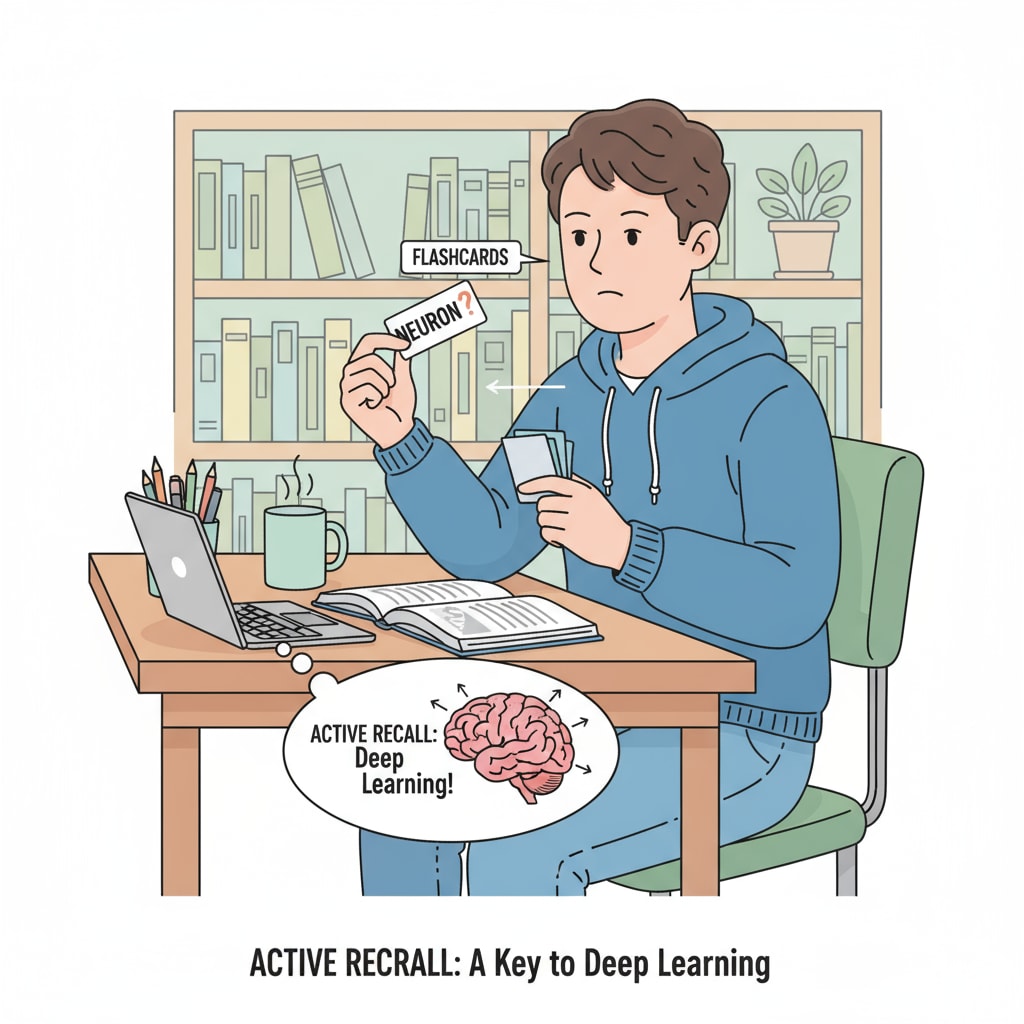 Student using flashcards for active recall in the context of superlearning and learning methods