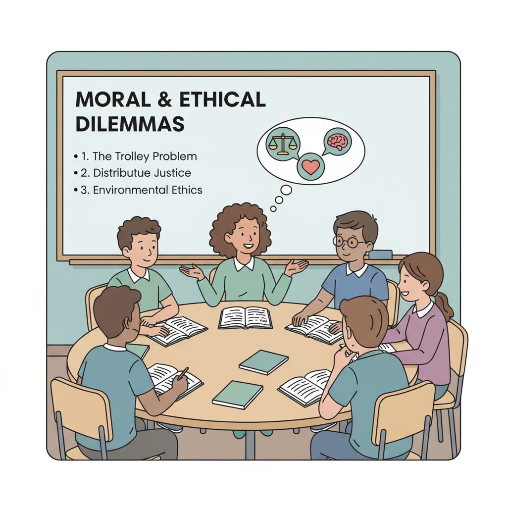 Students discussing moral philosophy and ethics to develop empathy in a K12 classroom