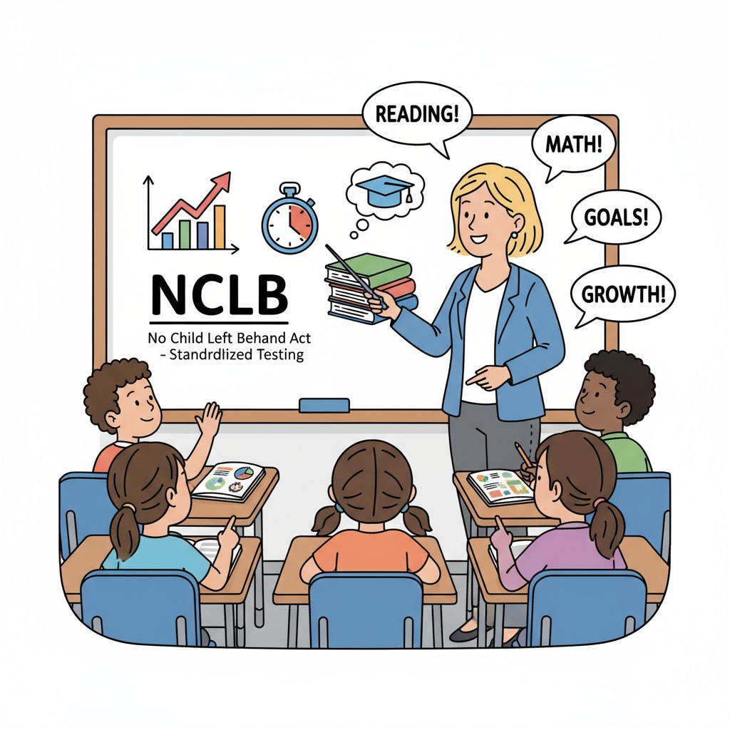 A teacher interacting with students, explaining concepts related to standardized tests as part of NCLB requirements. Teacher-student interaction in a classroom influenced by NCLB, showing educational change.