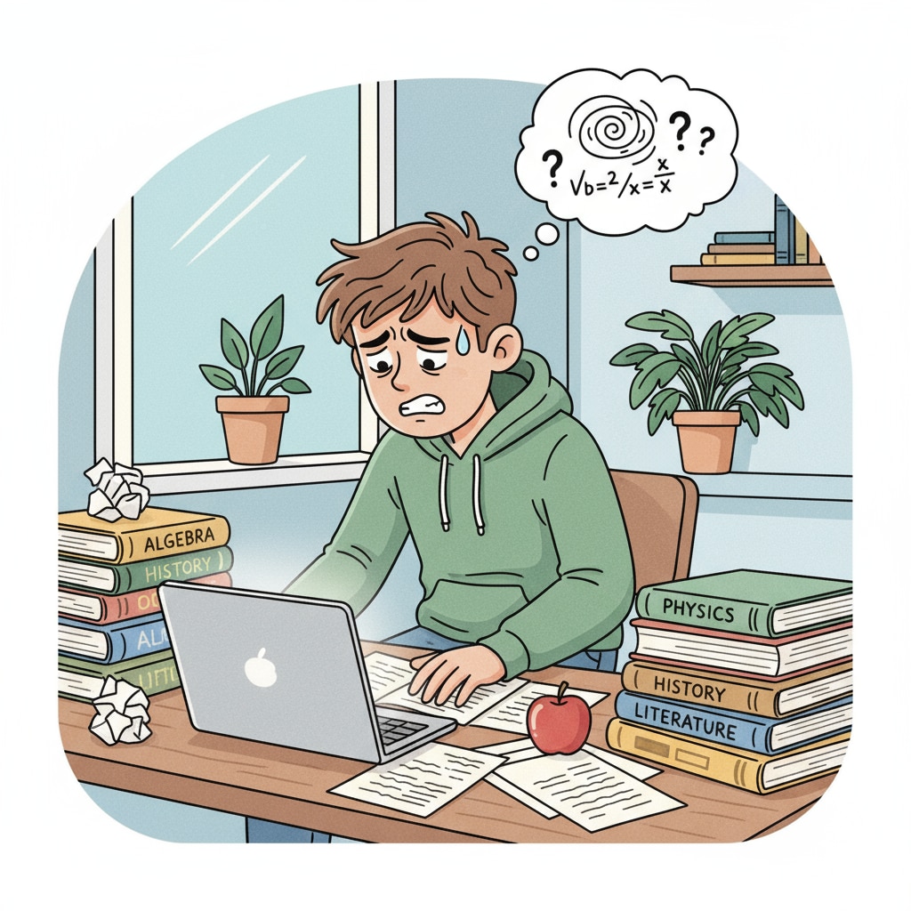 A stressed K12 student facing academic pressure related to intellectual self-doubt