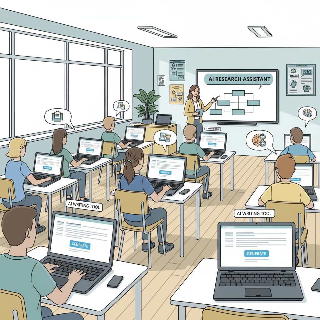 Students using AI tools in a classroom related to AI detectors, manual input, and content rewriting