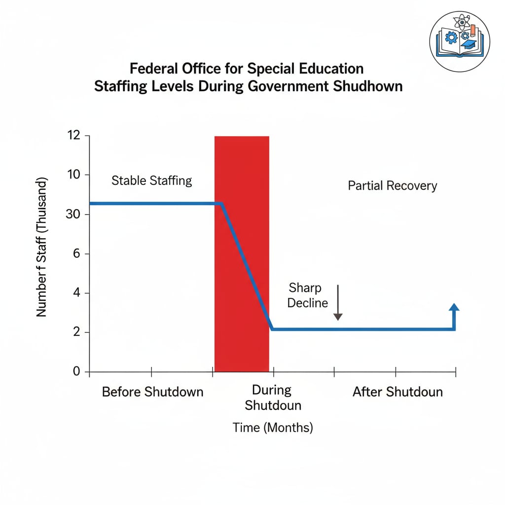 Graph depicting the decline in staff numbers of the Federal Office for Special Education due to the government shutdown and its impact on federal funds allocation for special education