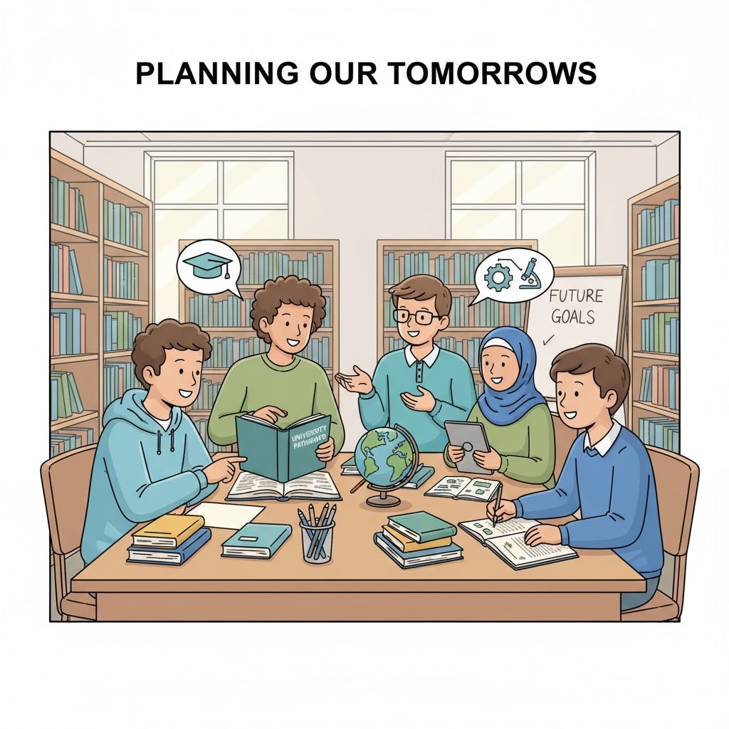 High school students discussing academic planning, university education, and career development in a library