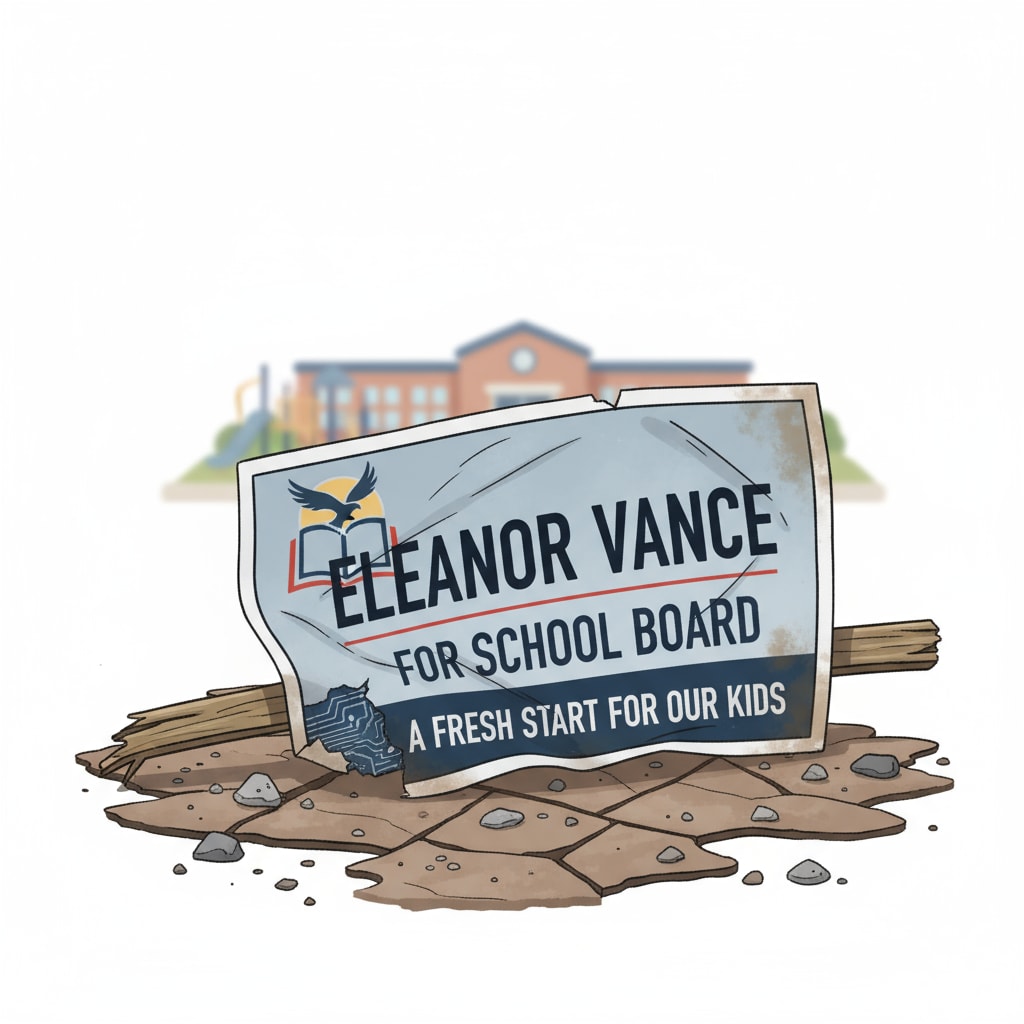 A damaged campaign sign lying on the ground, with the name of a school board candidate visible. A damaged campaign sign related to school board election, highlighting the lack of political civility.