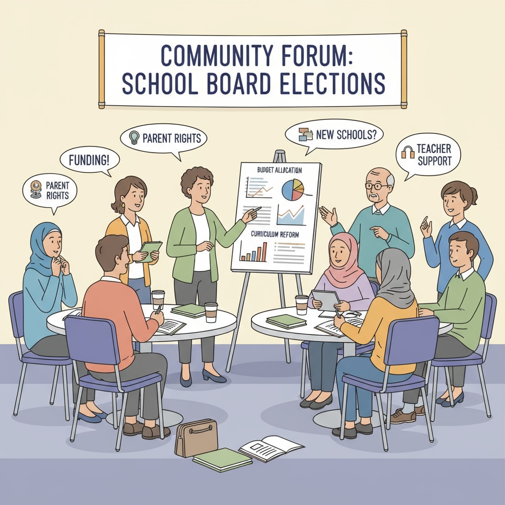 A group of people engaged in a heated discussion about school board election issues in a community center. People discussing school board election issues, showing the political confrontation in the process.