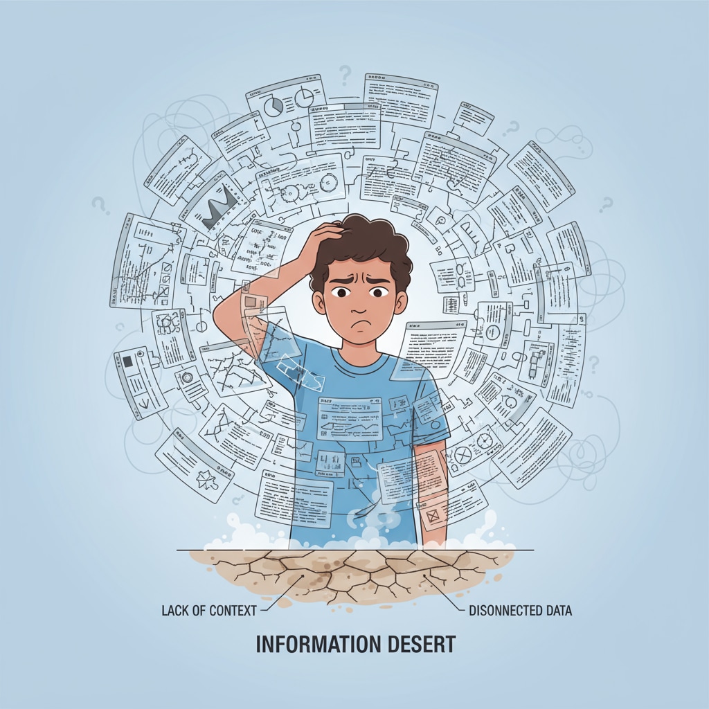 A student looking confused while surrounded by digital screens filled with random information, representing the problem of the information desert. A student facing the challenge of the information desert in the digital age