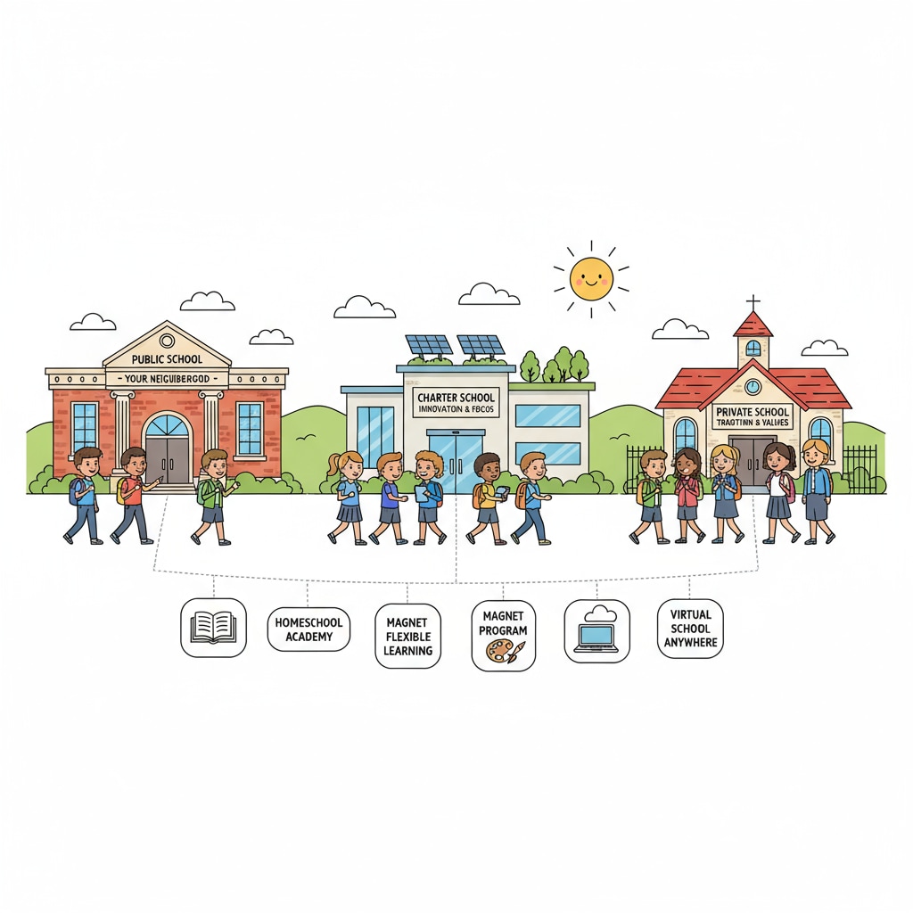 A group of students walking into different schools with various signs of school choice options Students exploring school choice options in the context of education policy and political controversy