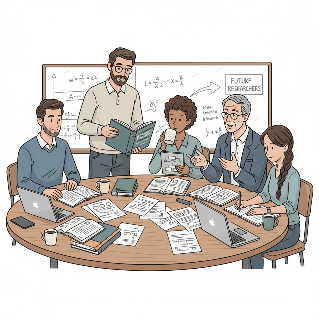 A group of in-service physics teachers are sitting around a table, discussing different postgraduate study options, with books and papers scattered on the table. In-service physics teachers discussing postgraduate study options including evening courses and online learning