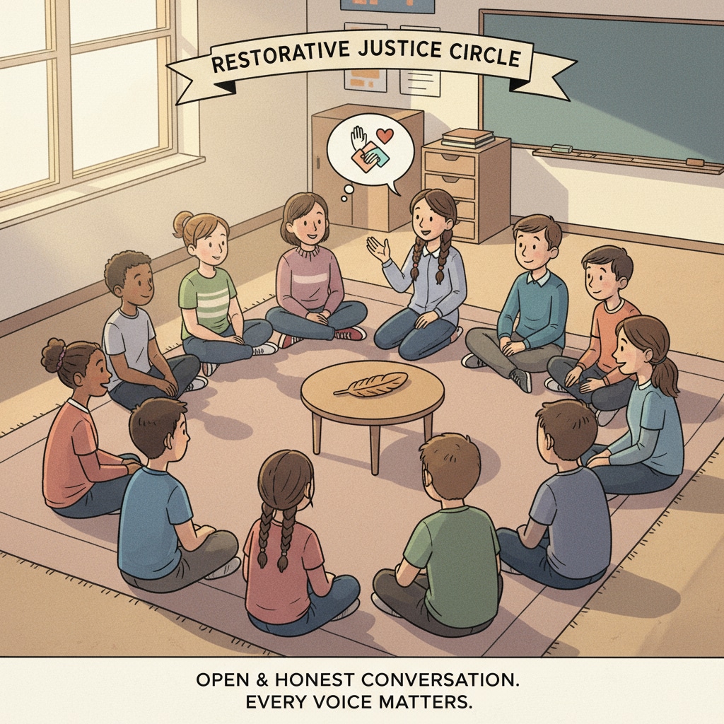 Students and teachers participating in a restorative justice session in an educational setting