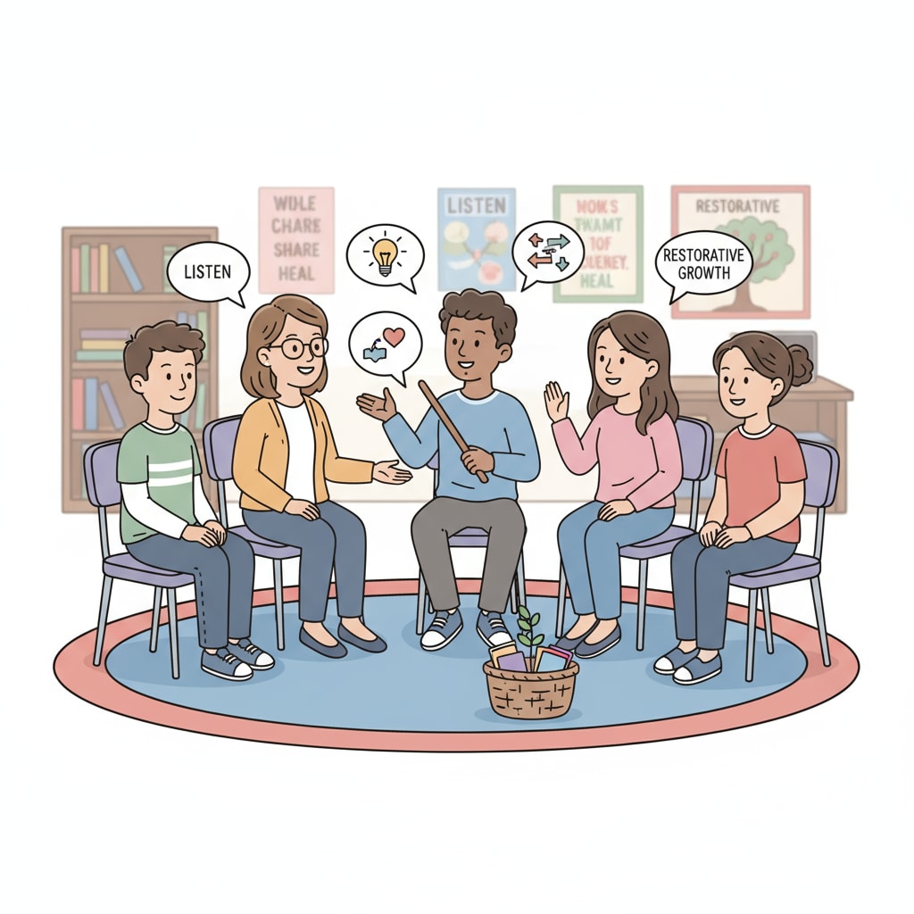 Students and teacher involved in a restorative justice activity promoting positive communication
