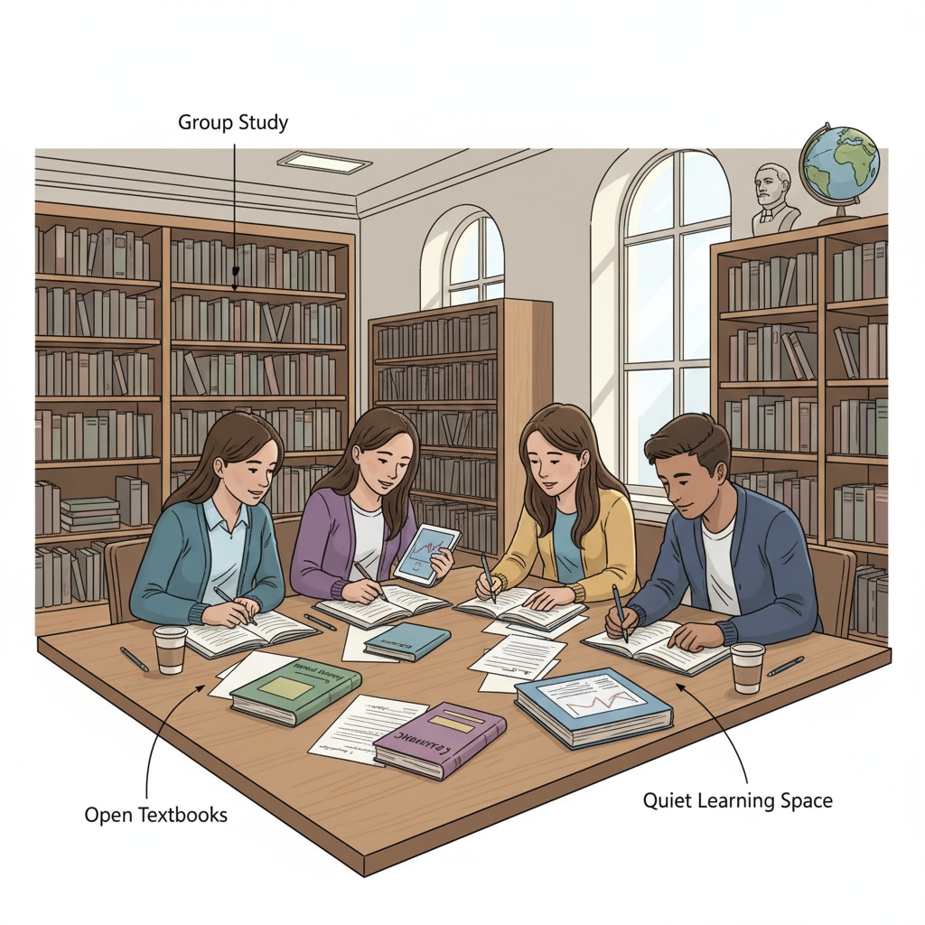 High school students using effective learning methods and academic skills while studying in a library.