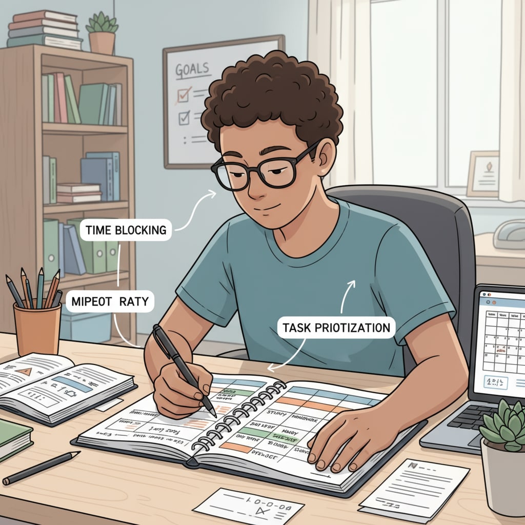 A high school student managing study time using a planner as part of learning methods and academic skills.