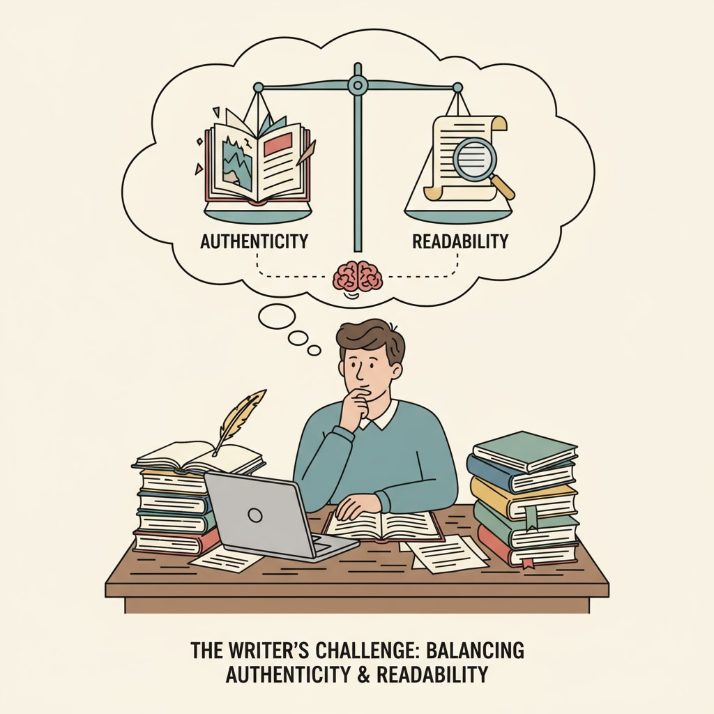 A writer considering the balance of authenticity and readability in novel writing, educational background, and writing style.