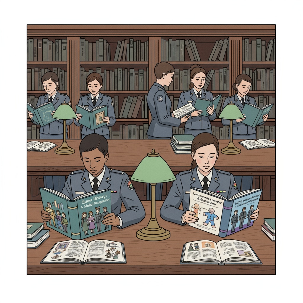 Students in a military school library exploring LGBTQ+ books