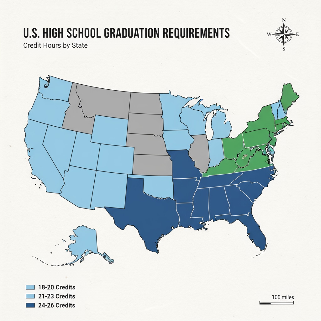 Map showing state graduation credit requirements relevant to online high school programs