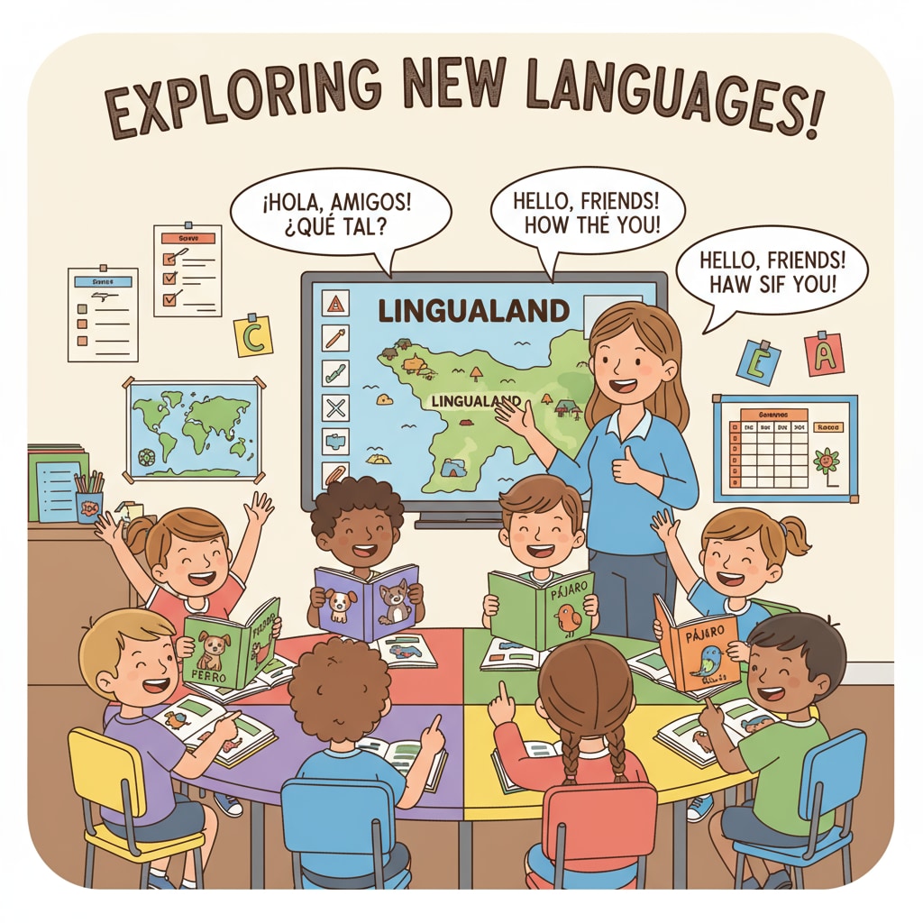 A group of lower primary students actively participating in a second language class, showing enthusiasm and engagement. Lower primary students engaged in second language teaching and learning activities