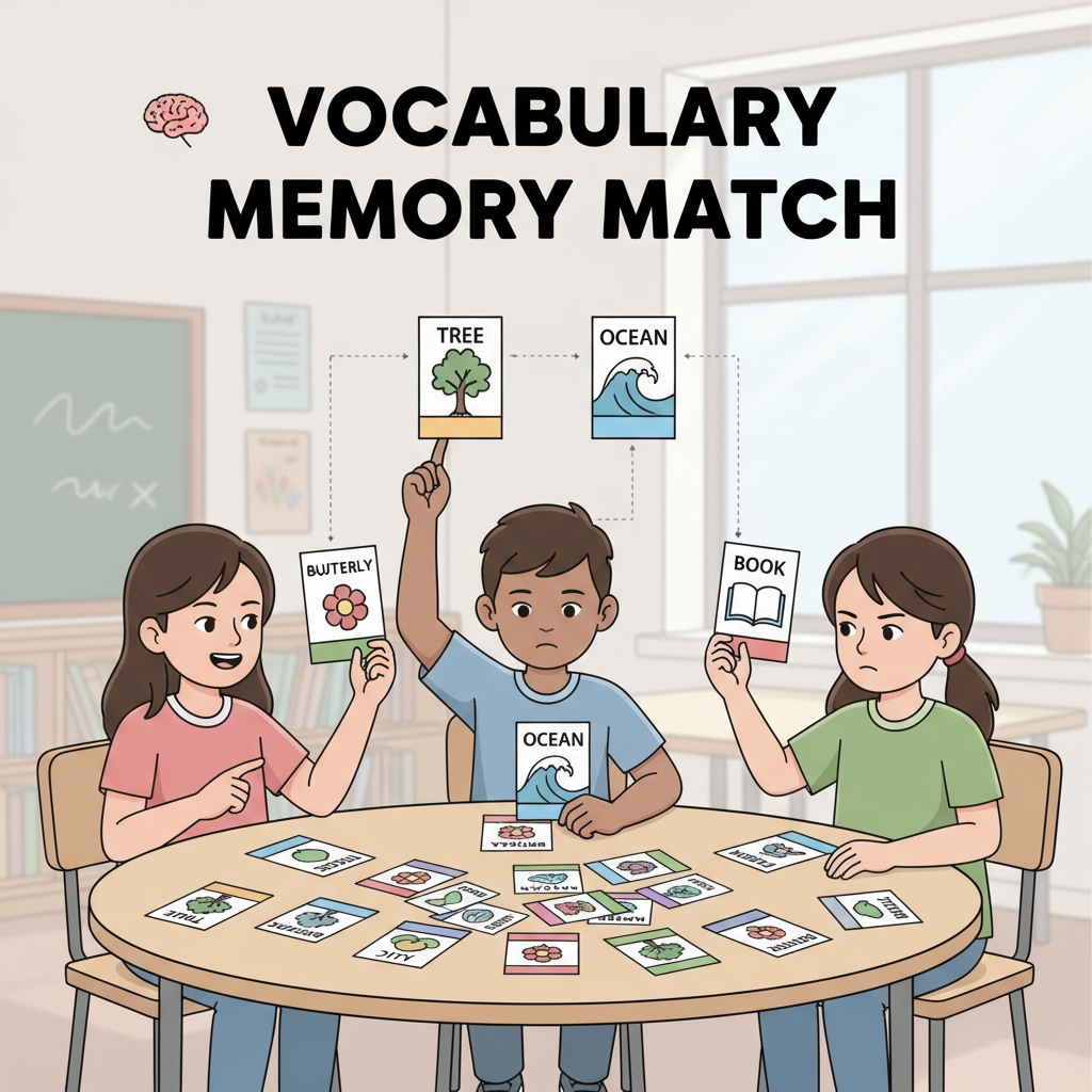 Students playing a vocabulary memory match game, concentrating on matching words with pictures. Students participating in a vocabulary game for second language learning