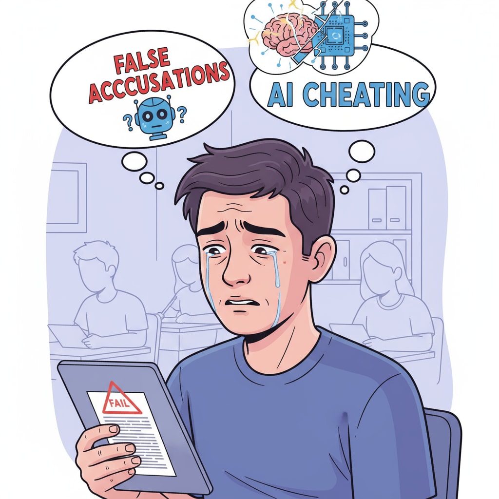 A crying student due to false accusations of AI cheating