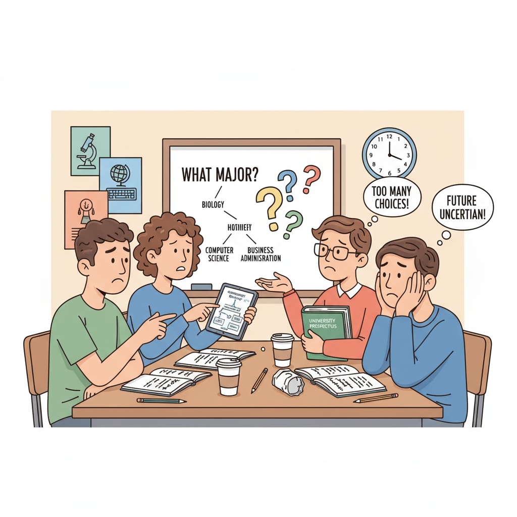 A group of students sitting in a classroom, looking worried while discussing university majors Students discussing university majors with a lack of enthusiasm and considering social experience implications