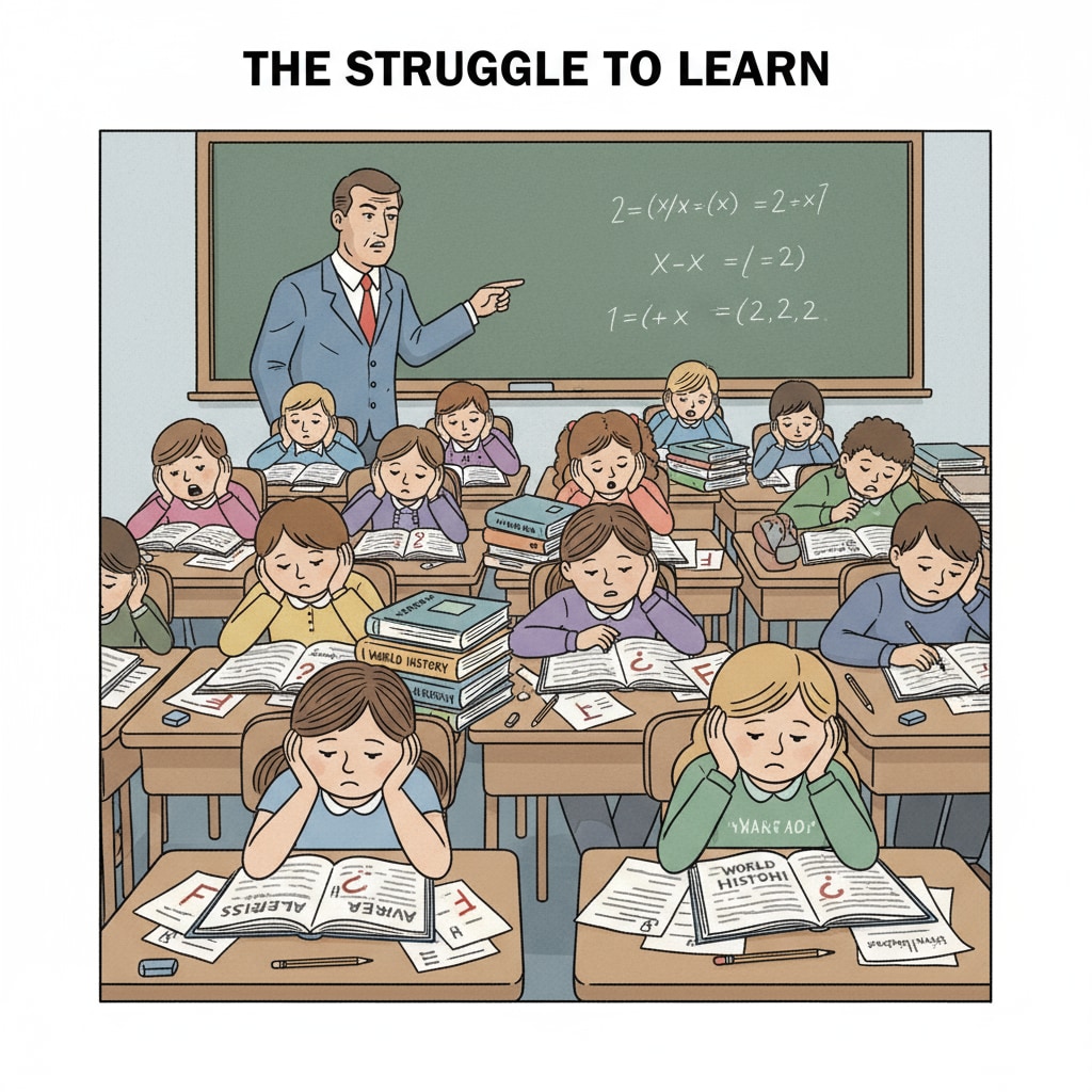 Students sitting at desks, surrounded by textbooks and test papers, looking bored Bored students in a study environment due to lack of enthusiasm for academics during the process of university major selection