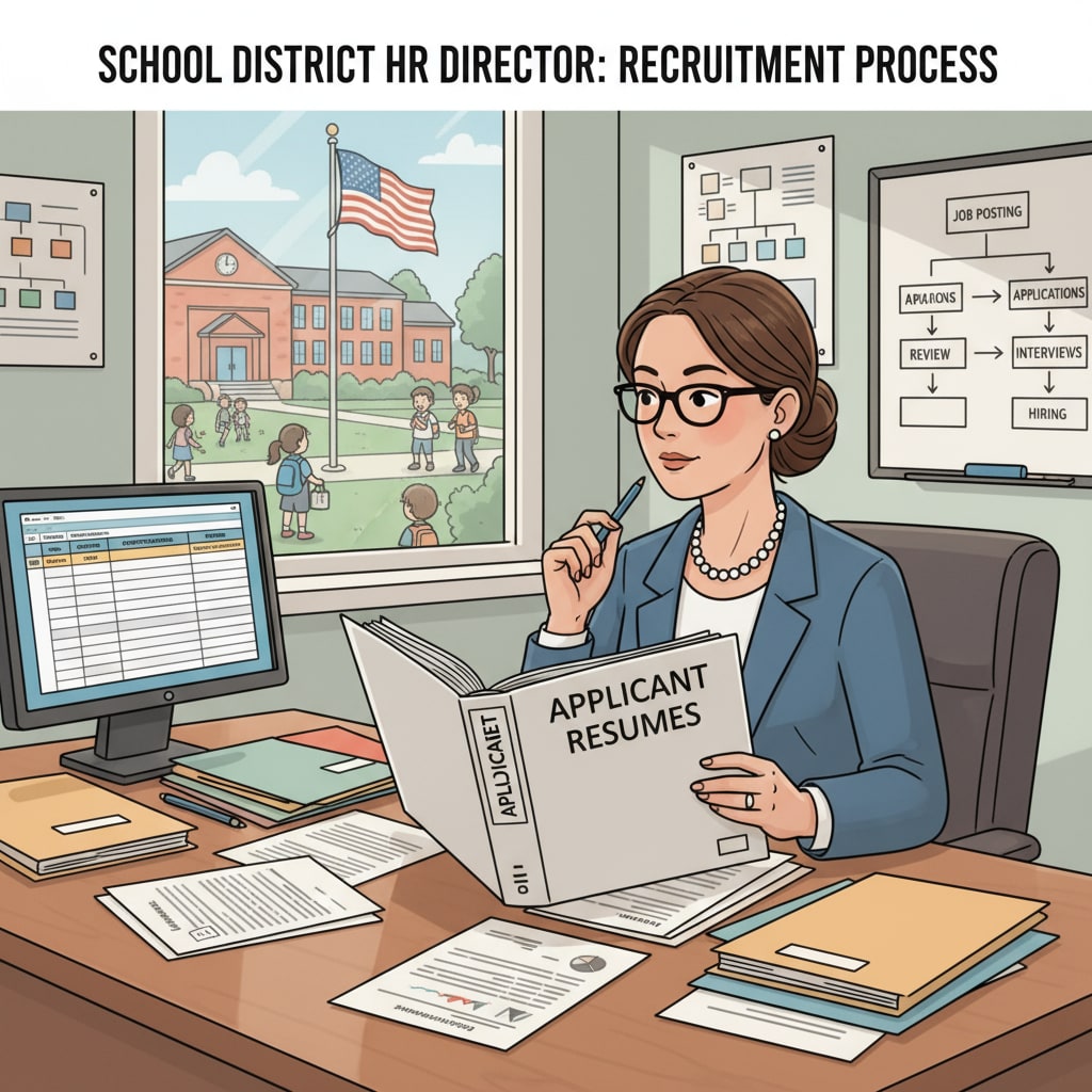 HR director reviewing resumes in school district job context for career transition