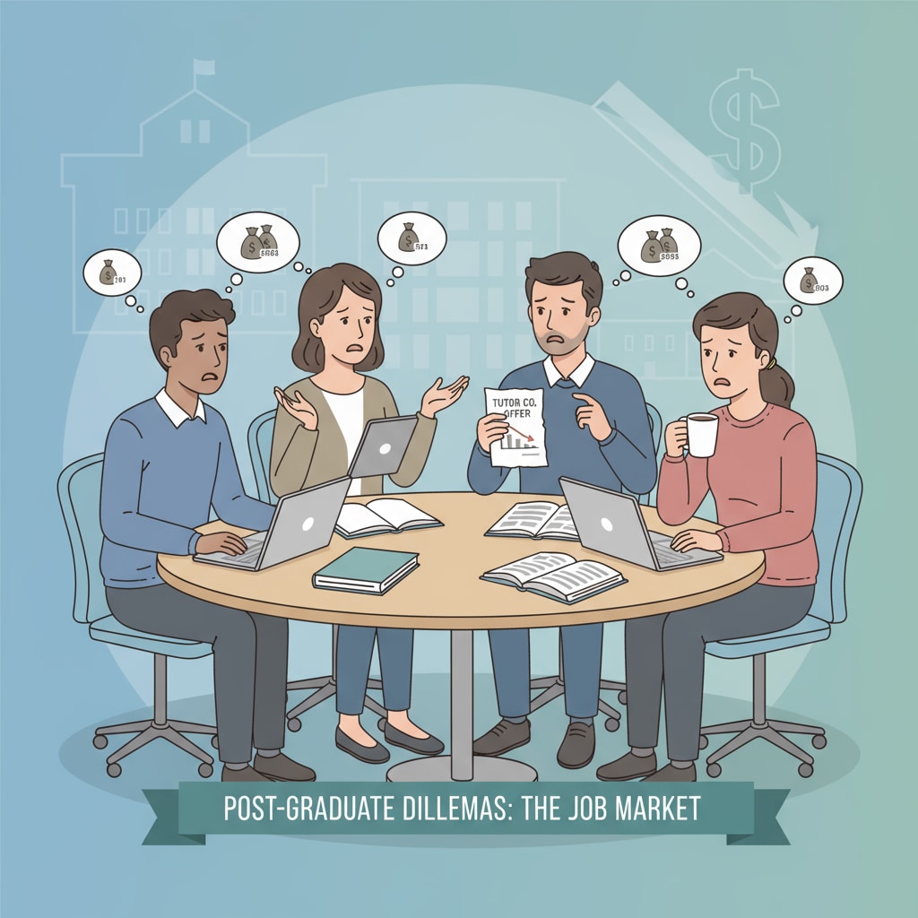 University graduates discussing low-paying casual jobs from tutoring companies