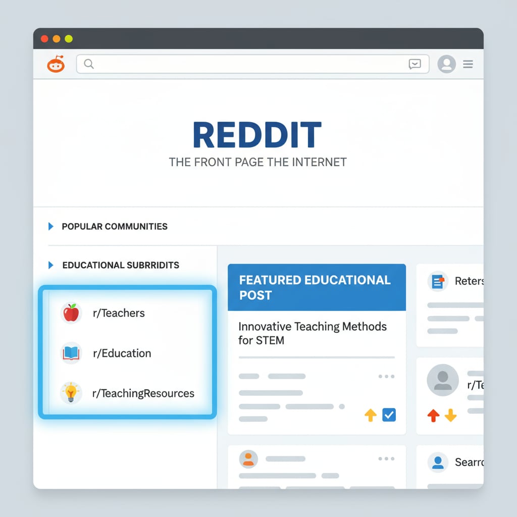 Screenshot of Reddit homepage showing educational subreddits related to educational communities, rules, and resources