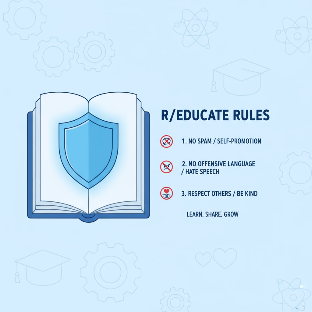 Graphic showing rules of an educational subreddit related to educational communities, rules, and resources