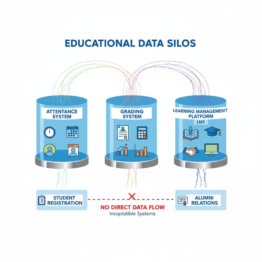 Diagram of data silos in K12 education relevant to AI learning centers, data integration, and teacher efficiency