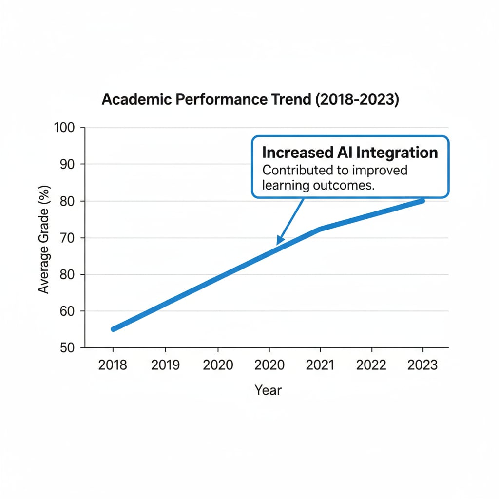 A graph showing the increasing trend of grades over the years due to AI influence