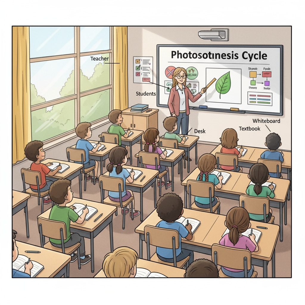 A classroom scene where students are sitting at their desks, looking at the teacher at the front of the class, showing focused attention during a lecture. Students paying attention during a lecture, related to lectures, attention, and self-study