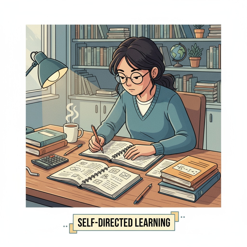 A single student in a quiet study area, with books and notes spread out, engaged in self-study. A student involved in self-study, connected to lectures, attention, and self-study