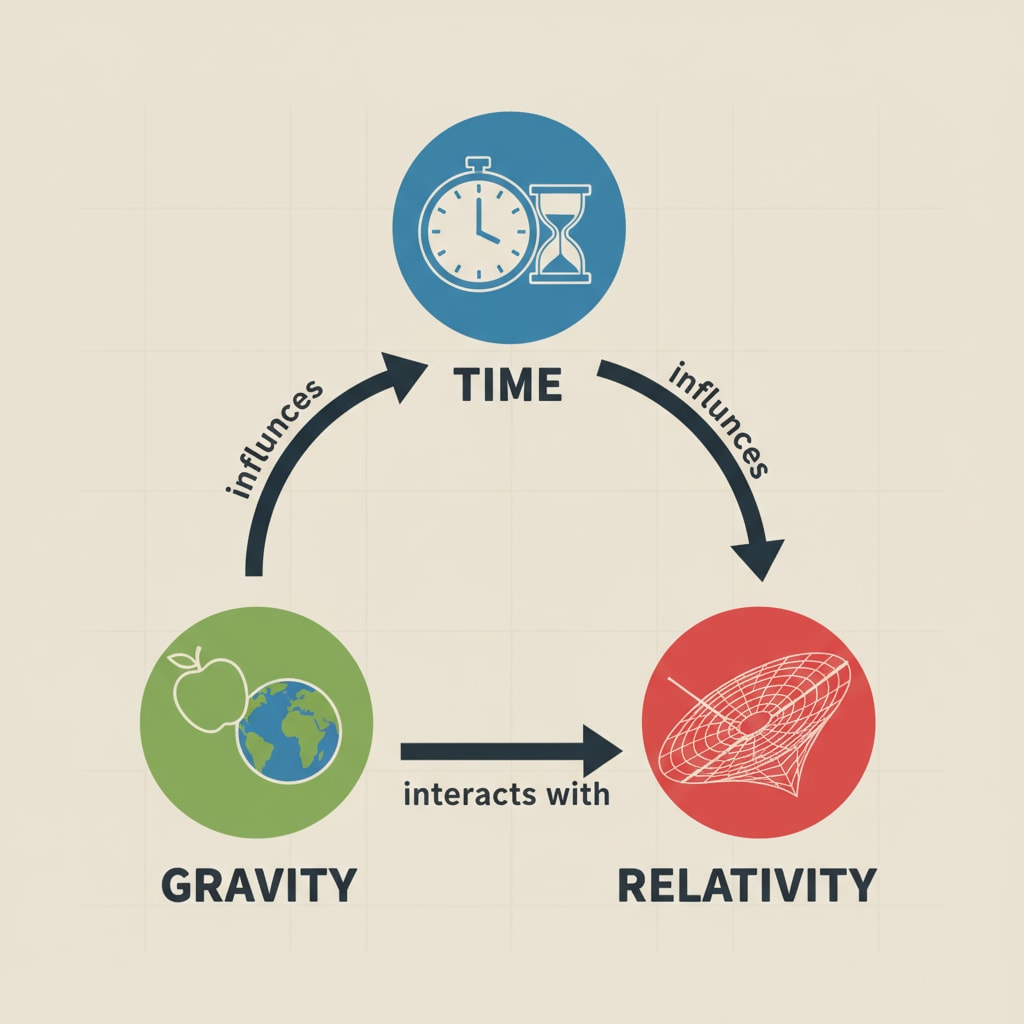 A simple illustration showing the basic relationship between time, gravity, and relativity with lines connecting the three elements and basic arrows indicating influence. Illustration of the relationship between time, gravity, and relativity