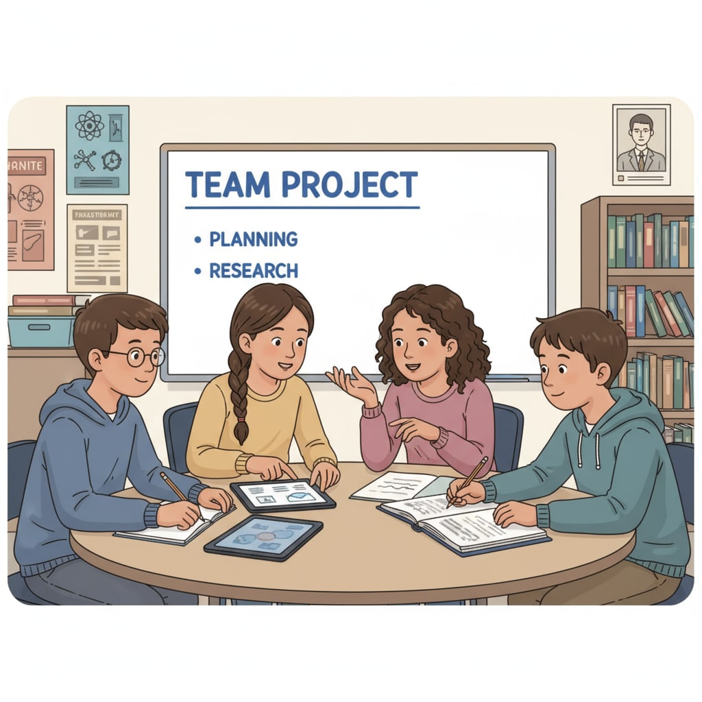 A group of middle school students sitting around a table, discussing a project, showing teamwork in a classroom setting Middle school students demonstrating teamwork during a project discussion, related to soft skills development in education
