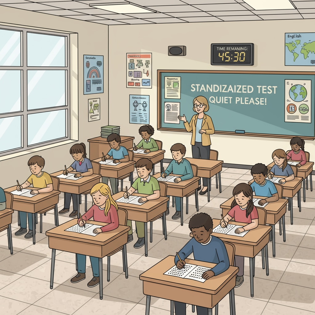 A middle school classroom with students taking a standardized test, sitting individually at their desks Middle school students taking a standardized test, highlighting the impact on soft skills development