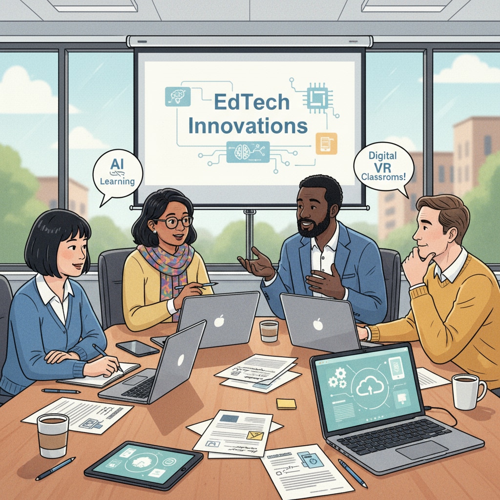 A group of teachers is engaged in a discussion about educational technology tools in a meeting room, with laptops and papers spread out on the table. Teachers discussing educational technology tools in a meeting room related to information channels and adoption