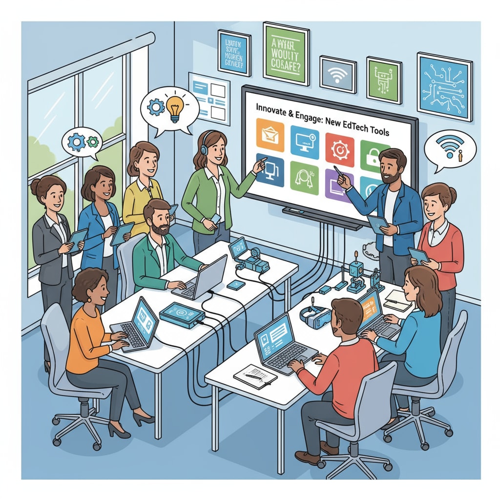 Teachers are actively participating in an educational technology workshop, watching a demonstration of new tools on a large screen. Teachers attending an educational technology workshop to learn about adoption of tools