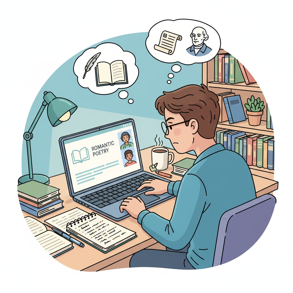 A student concentrating during an online literature class for academic paper writing