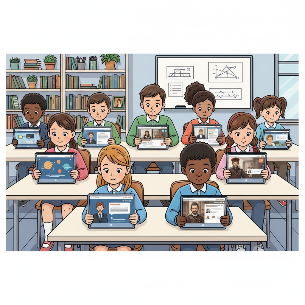 Students of different ages are seen using tablets with various AI - assisted video teaching applications open on the screens, showing a diverse group engaged in learning. Students using AI - assisted video teaching apps on tablets for K12 education