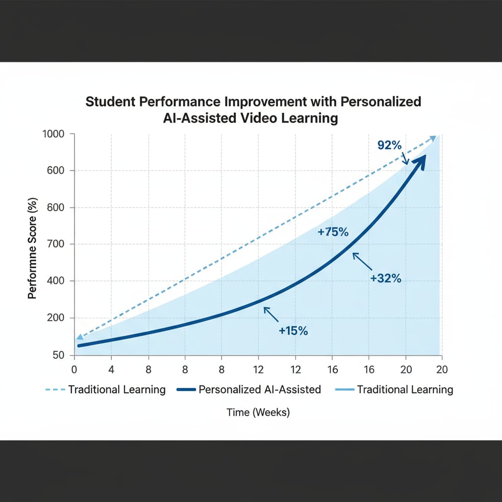 A line graph presenting the improvement in student performance over time when using personalized AI - assisted video learning, with performance scores on the y - axis and time intervals on the x - axis. Graph showing student performance improvement with personalized AI - assisted video learning in K12 education